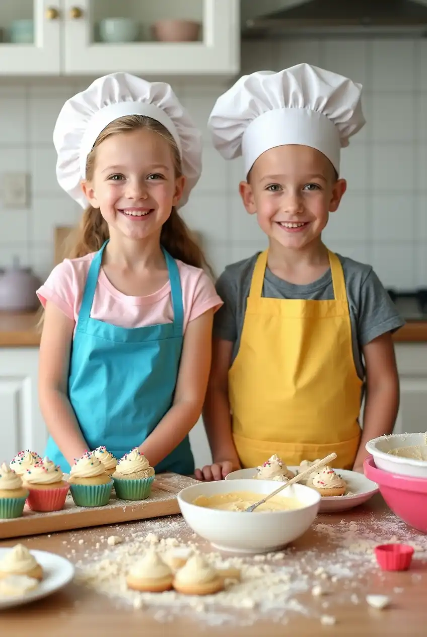 Kids happily baking easy recipes in a colorful kitchen, surrounded by cupcakes, cookies, and baking tools