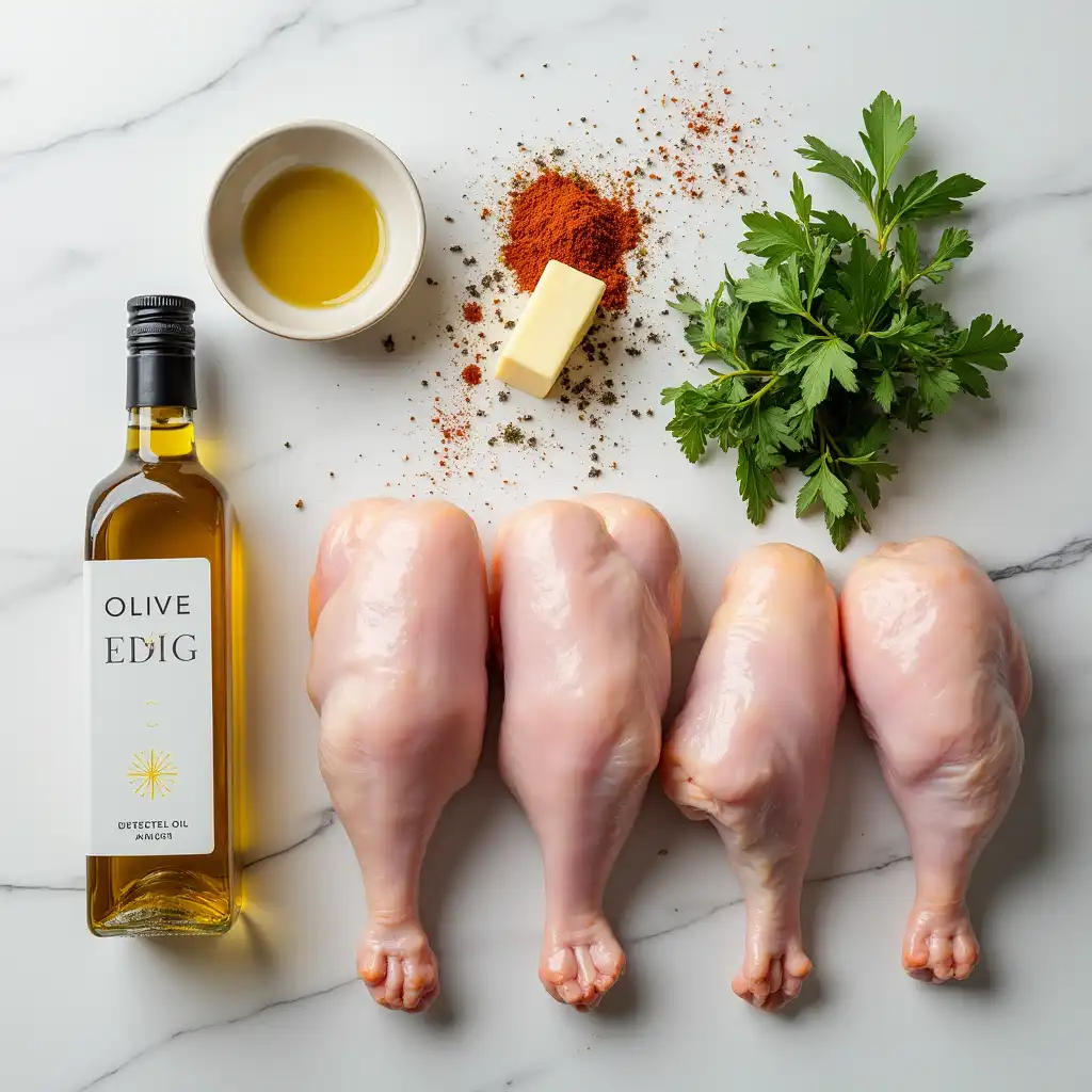 Ingredients for baking turkey legs - raw turkey, olive oil, butter, and herbs displayed.