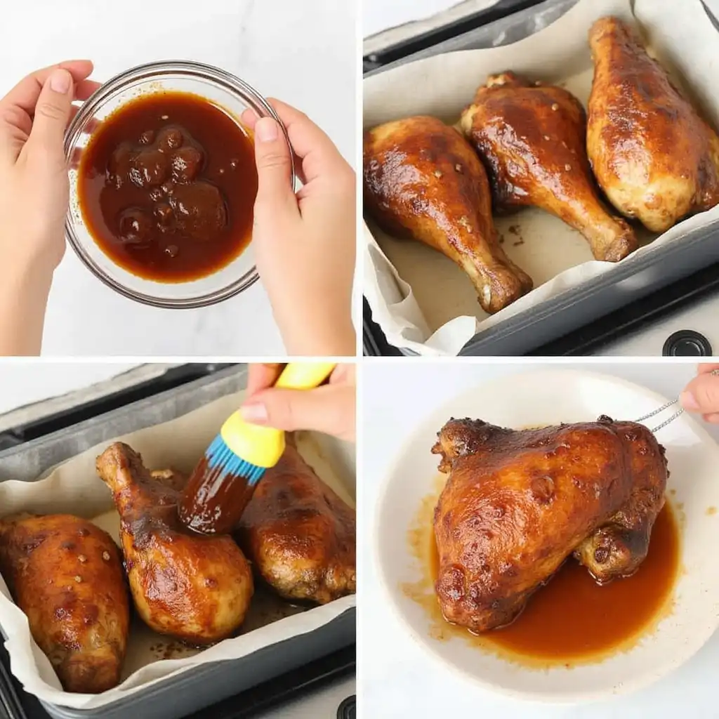Sequence of images showing the marinade, basting, oven-baking, and final basting of turkey legs.