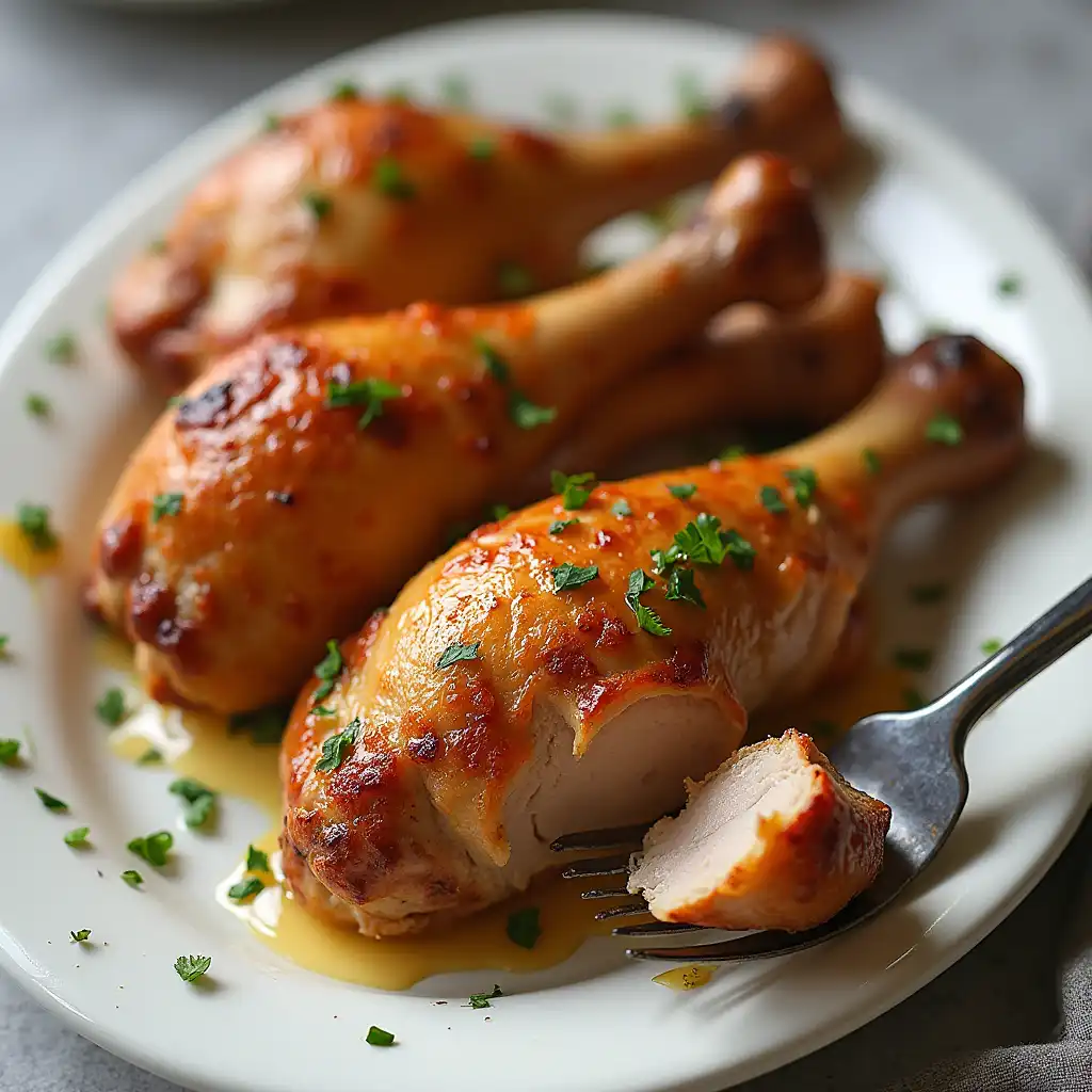 Golden brown baked turkey legs garnished with herbs on a white platter.