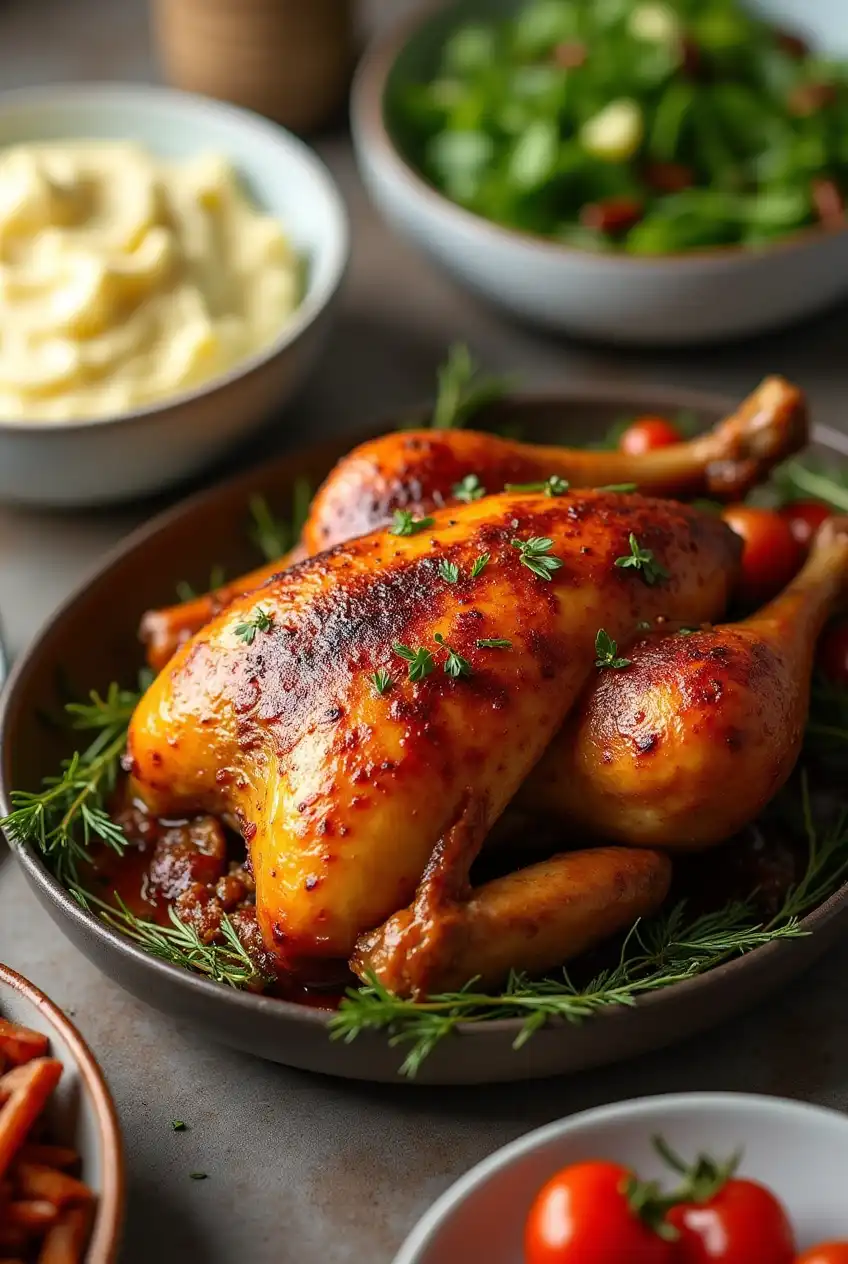 Baked turkey legs served with mashed potatoes, roasted vegetables, and garden salad.