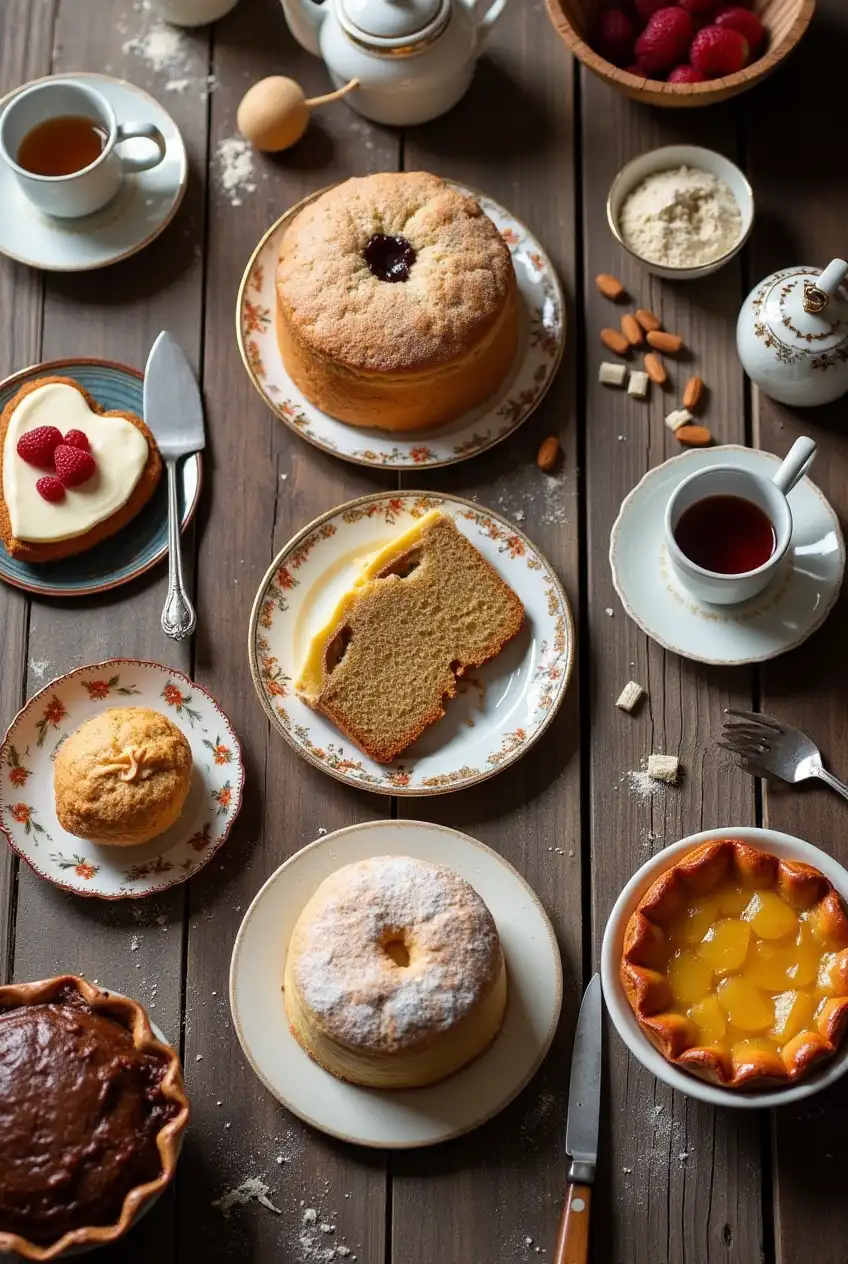 A flat lay of assorted British baked goods including Victoria sponge, scones, eclairs, and pie inspired by British Baking Show recipes