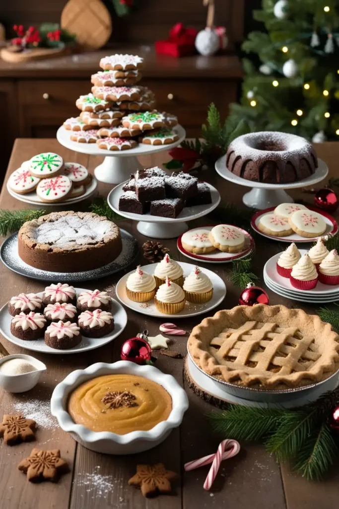 A rustic Christmas kitchen table filled with holiday baked goods like gingerbread cookies, fruitcake, brownies, sugar cookies, apple pie, eggnog cheesecake, and a chocolate Yule log