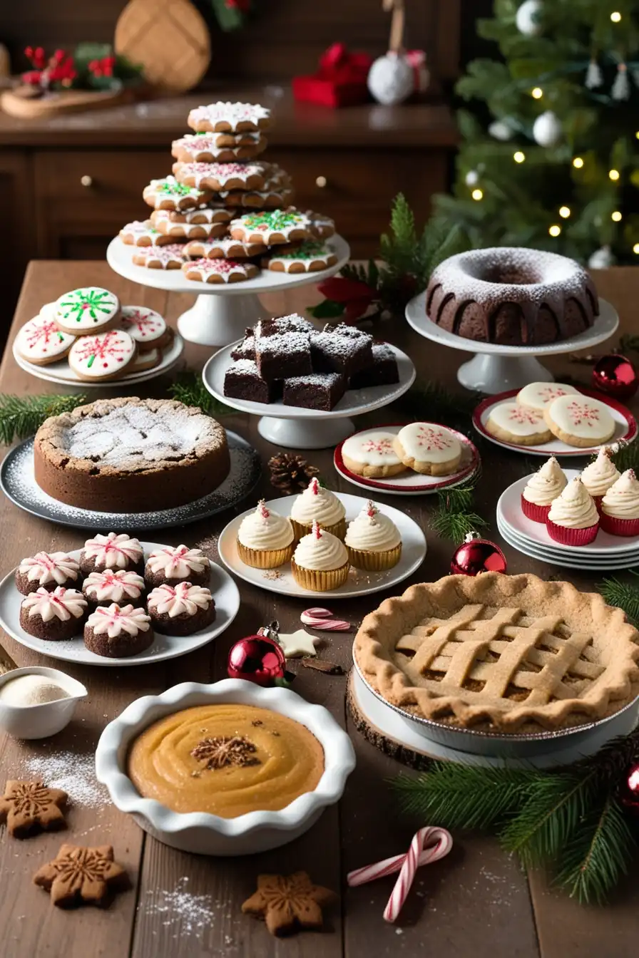 A rustic Christmas kitchen table filled with holiday baked goods like gingerbread cookies, fruitcake, brownies, sugar cookies, apple pie, eggnog cheesecake, and a chocolate Yule log