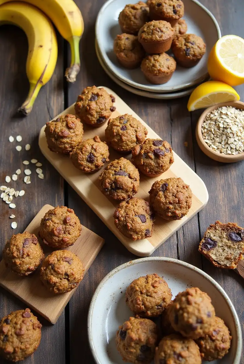 flat lay of healthy baked goods including muffins, cookies, and lemon bars with natural ingredients