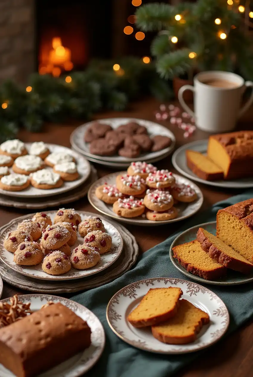 A festive table with an assortment of holiday baking recipes including gingerbread cookies, peppermint bark, and pumpkin bread